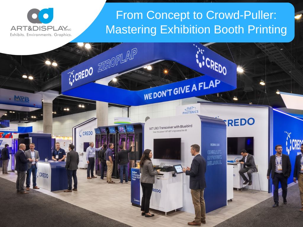Exhibition booth at a trade show featuring a large Credo display with sleek branding and interactive stations, demonstrating the power of effective exhibition booth printing for attracting attendees and enhancing brand visibility.