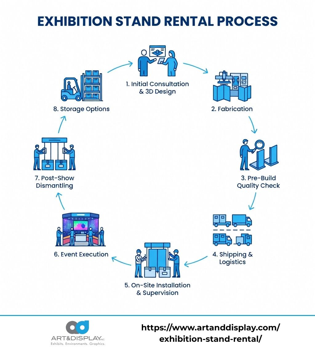 Infographic showing the exhibition stand rental process from initial consultation and 3d design through fabrication, pre-build quality check, shipping and logistics, on-site installation and supervision, event execution, and post-show dismantling and storage options - exhibition stand rental infographic