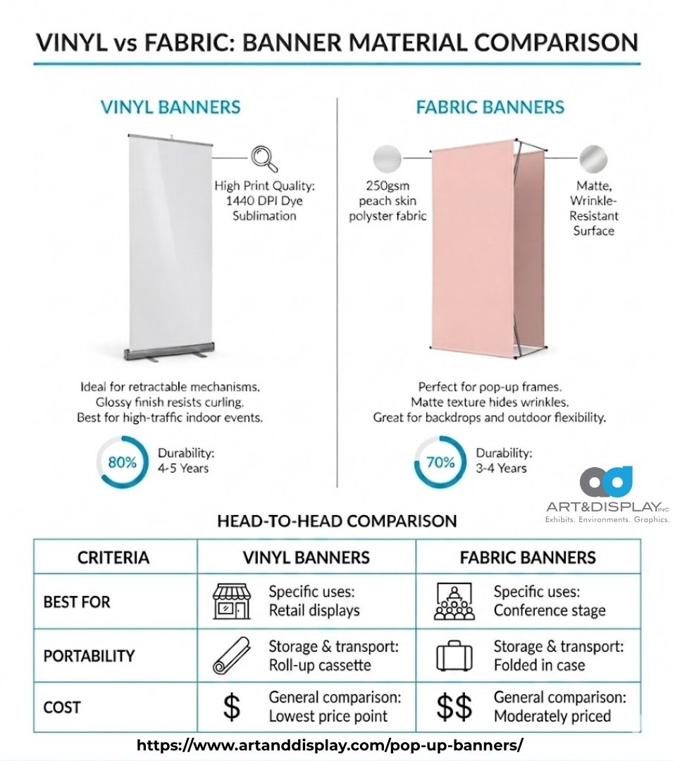 User-Inserted Comparison of banner materials: vinyl vs fabric - pop up banners infographic