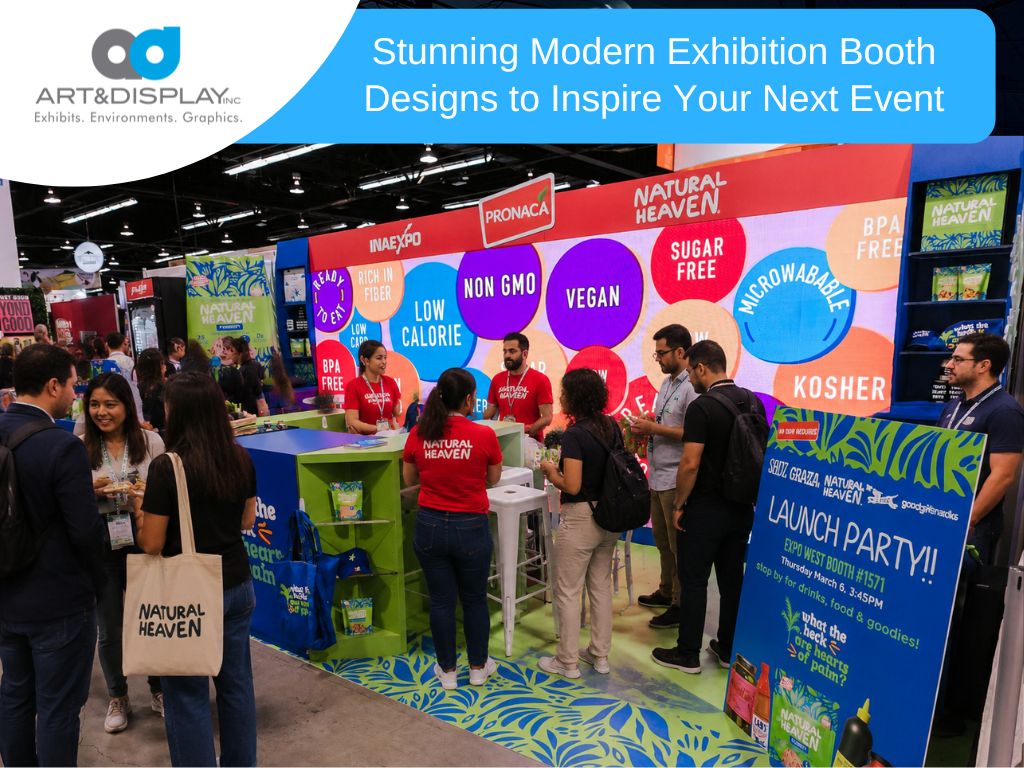 A vibrant, modern exhibition booth at a trade show featuring bold branding for natural heaven, showcasing colorful visuals and engaging staff interacting with attendees. Learn how to create an impactful booth design to elevate your next event.