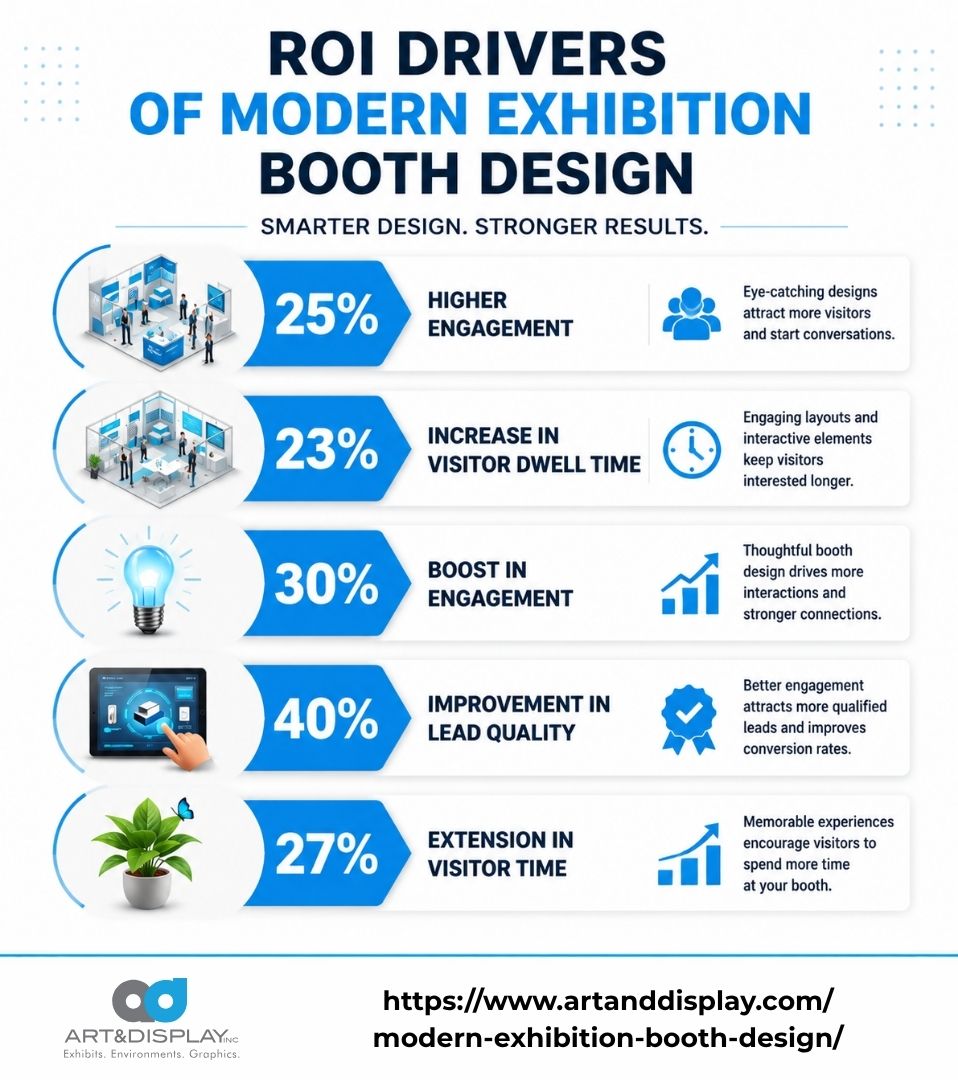Infographic displaying key roi drivers for modern exhibition booth design, highlighting increased engagement, visitor dwell time, lead quality improvement, and extended visitor time at booths with smarter designs and interactive elements