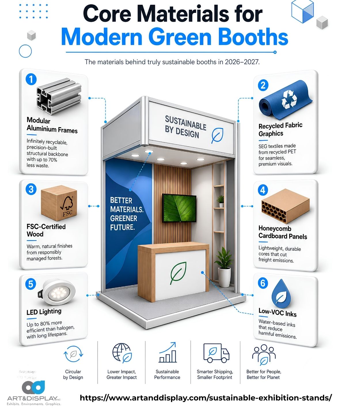 User-Inserted Infographic displaying six sustainable materials for modern green booths, including recycled fabric, fsc wood, and led lighting.