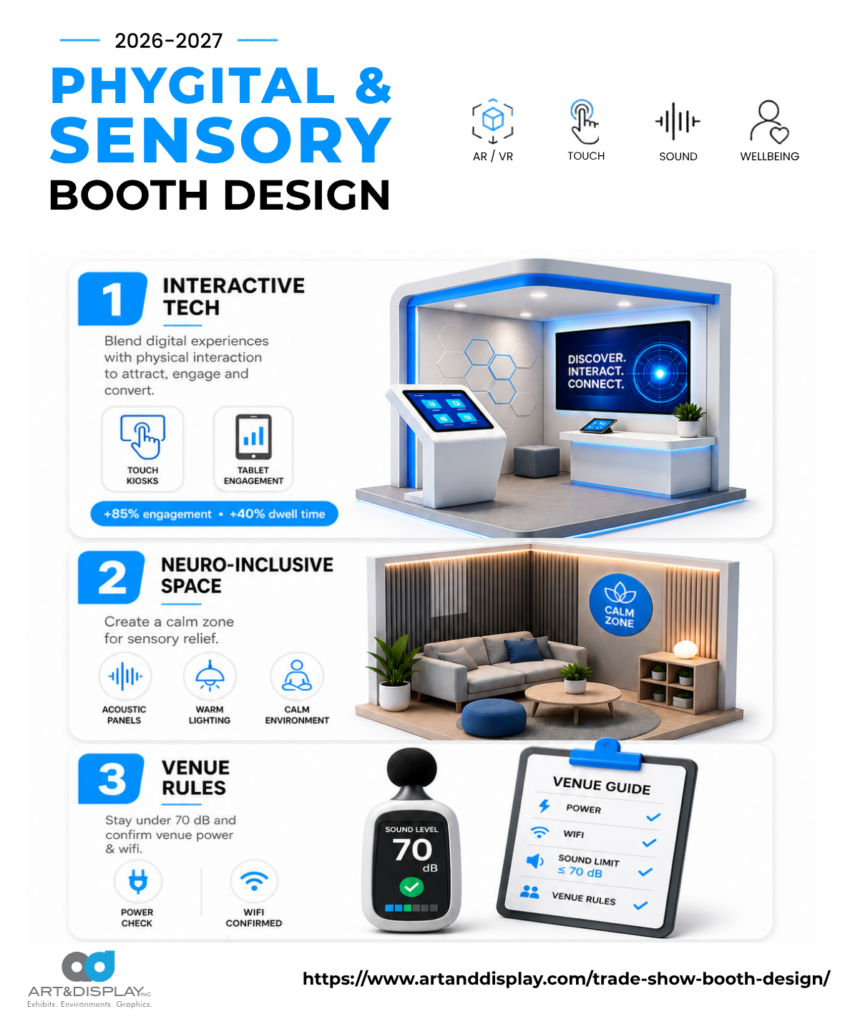 Infographic illustrating the design of a physical and sensory booth, highlighting key features and layout elements.