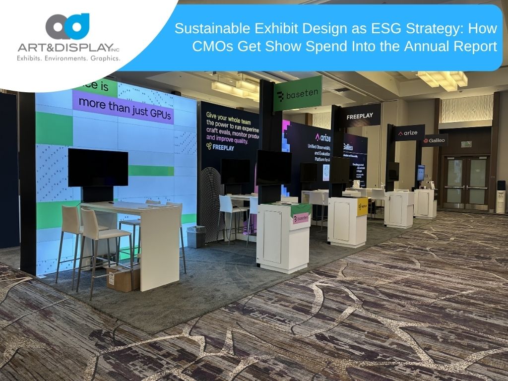 A row of modern, sustainable exhibition stands for various tech brands arranged in a large conference hall.