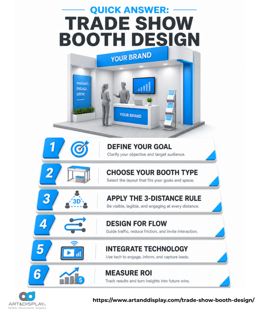 Infographic illustrating a trade show booth design, showcasing layout, features, and branding elements for effective presentation.