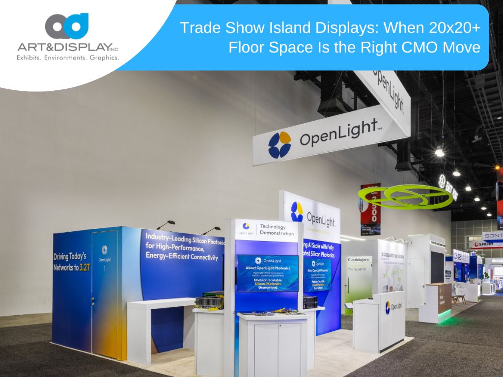 Trade show display featuring a modern design with vibrant graphics and interactive elements, sized 20x20 feet.