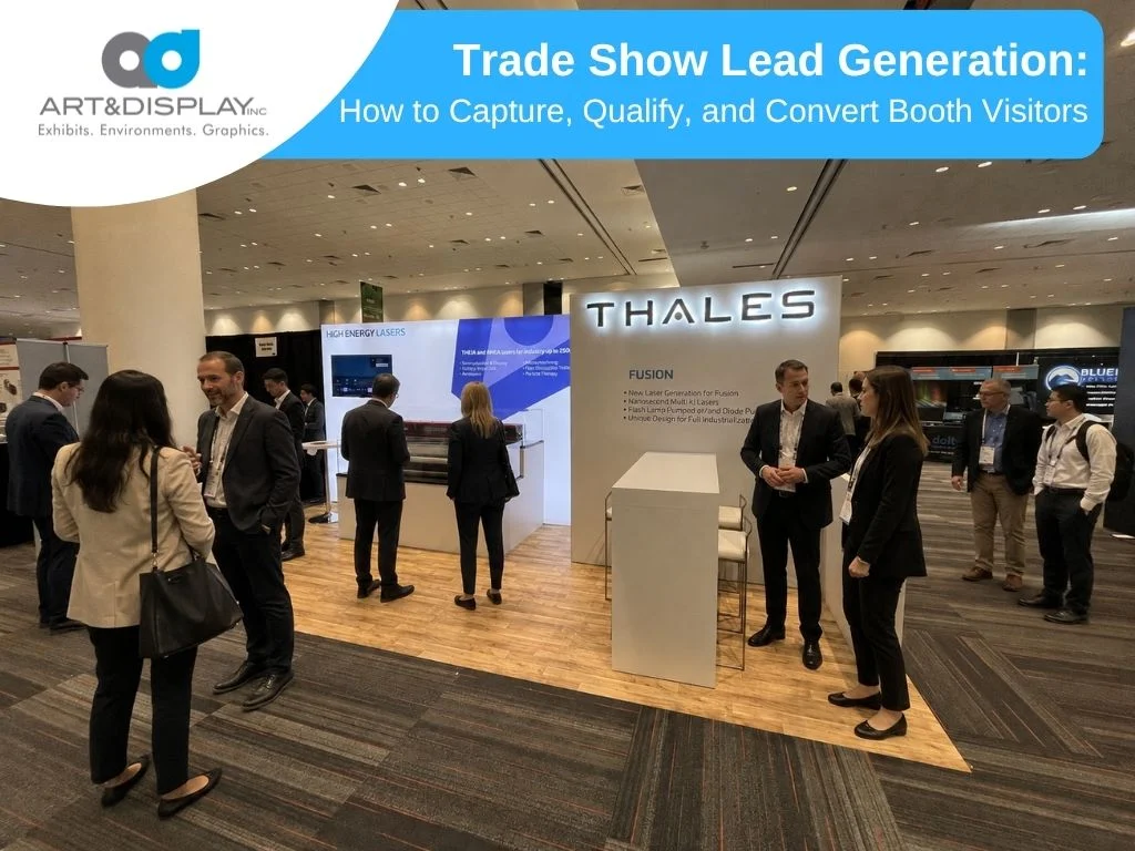 Trade show booth staff engaging with visitors to generate leads.