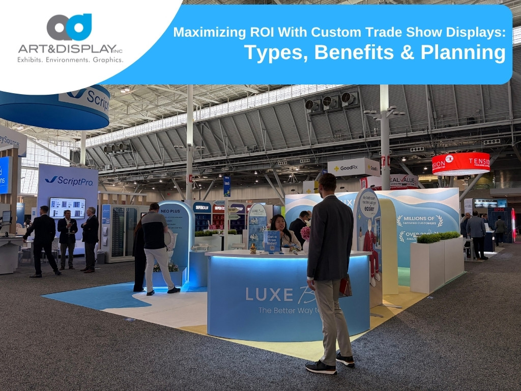Custom trade show display with modular counters and graphics at an exhibition.