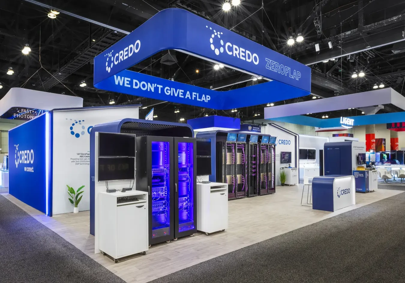 Credo trade show booth server rack placed demo area by art and display