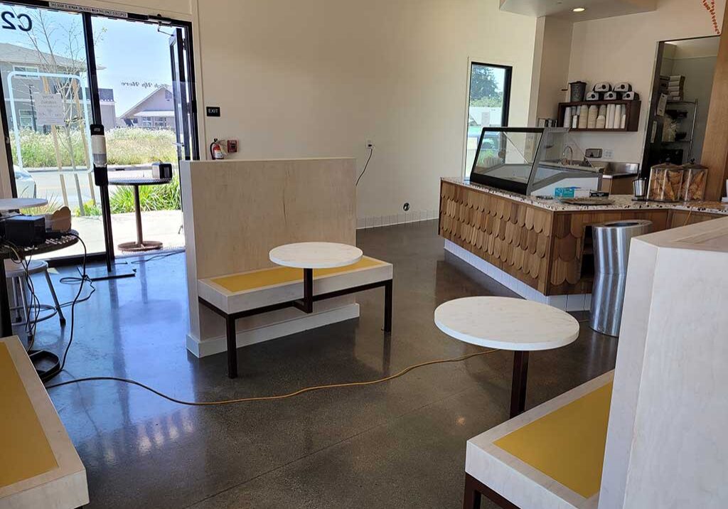 Custom millwork ice cream shop counter and dining