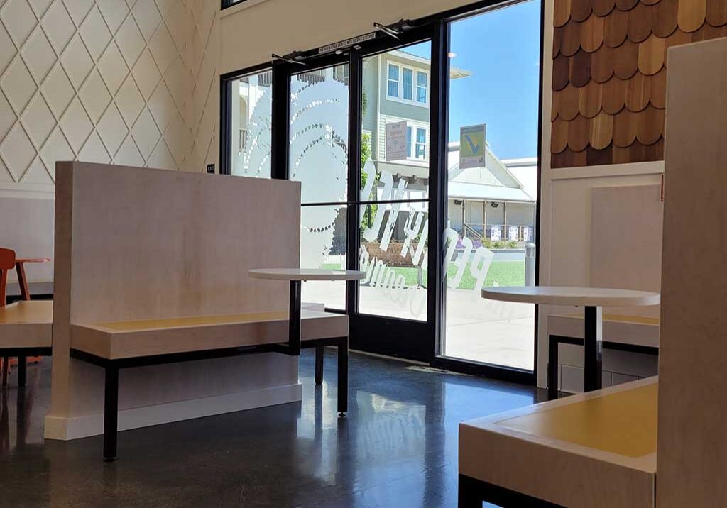 Ice cream shop wall designs and tables