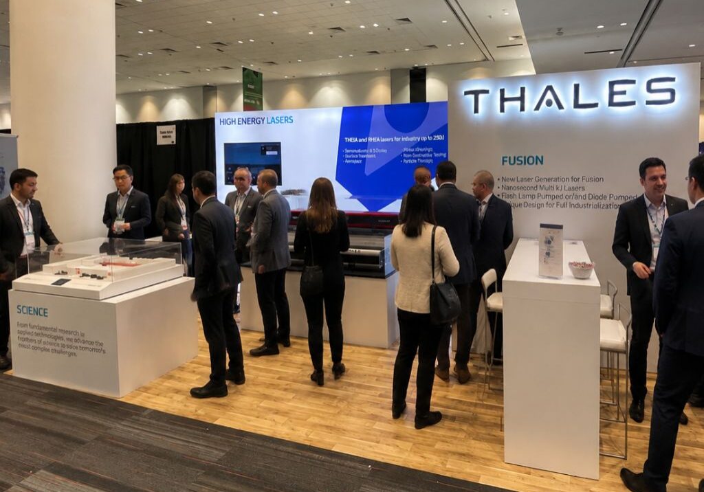 Professional portable trade show booth for thales at an exhibition, featuring company branding, interactive displays, and business representatives engaging with attendees on a modern wood flooring-style trade show floor.